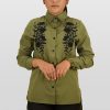 Khaki and Black Floral Embroidered Shirt