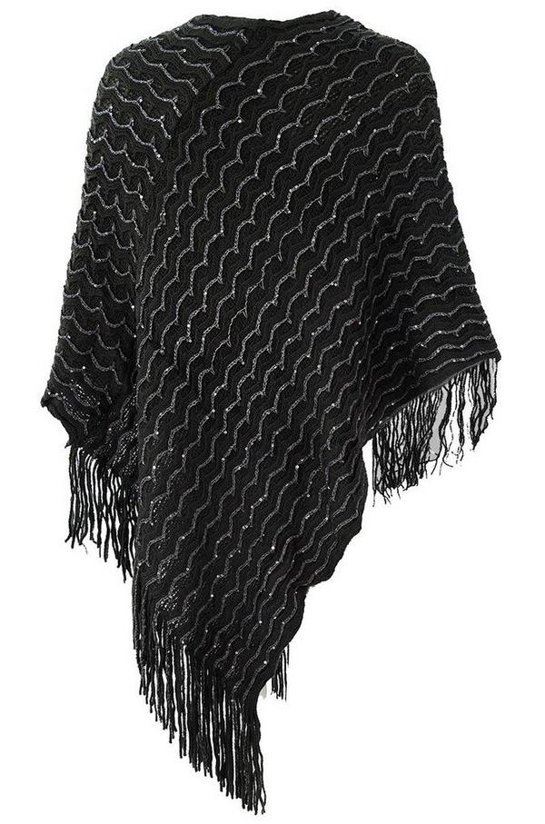 Black Sequin Ribbed Poncho